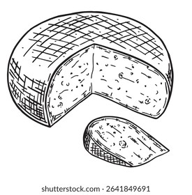 Gouda cheese sketch Illustration. Whole cheese and slice.  Hard cheese. For packaging, restaurant menu, poster. Vector illustration isolated on white background. Healthy food.