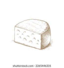 Gouda cheese wheel and piece. Ink sketch isolated on white background. Hand drawn vector illustration. Vintage style stroke drawing.