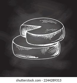 Gouda cheese wheels. Ink sketch isolated on white background. Hand drawn vector illustration. Vintage style stroke drawing.
