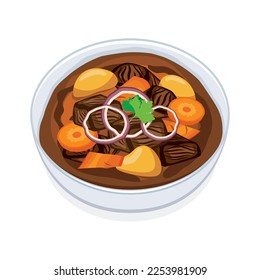 Goulash with meat and vegetables icon vector. Beef stew with potato and carrot icon vector isolated on a white background. Bowl of goulash with meat illustration