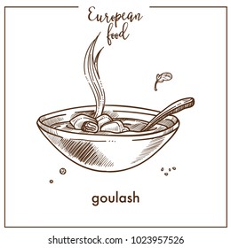 Goulash soup sketch icon for European Hungarian ood cuisine menu design