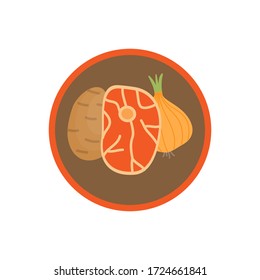 Goulash Gemüsesuppe Vektorgrafik Icon. Wurzelgemüse, Vorrat mit Kartoffeln und zwiebelfarbenem Rundetikett. isoliert.