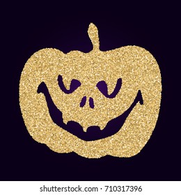 Gourd halloween pumpkin with scary Jack o lantern face emotion expression, gold glitter shining texture vector illustration. Traditional Halloween scary face pumpkin cutting, holiday gold symbol.