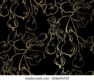 gourd pumpkin vector japanese chinese nature ink illustration engraved sketch traditional textured seamless pattern black
