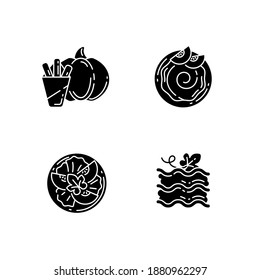 Gourd recipes black glyph icons set on white space. Delicious pumpkin fries, vegetarian salad, lasagna and hummus silhouette symbols. Rustic cuisine, homemade dishes. Vector isolated illustrations