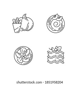 Gourd recipes linear icons set. Delicious pumpkin fries, vegetarian salad, lasagna and hummus customizable thin line contour symbols. Isolated vector outline illustrations. Editable stroke