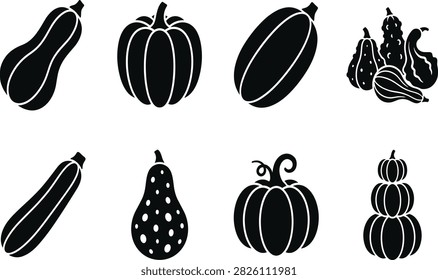 Gourd and squash silhouette set with pumpkin, butternut, zucchini, pear-shaped gourd, curly vine pumpkin, stacked pumpkins, and autumn harvest designs