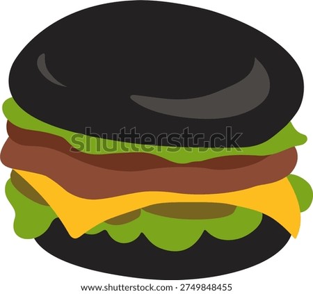 Gourmet Black Bun Burger Vector Illustration. Charcoal Burger with Cheese and Lettuce Isolated