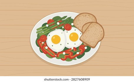 Gourmet breakfast plate featuring sunny side up eggs with asparagus stalks and cherry tomatoes on a light wooden table background.