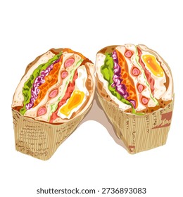Gourmet Breakfast Sandwich with Fried Egg and Fresh Vegetables Illustration