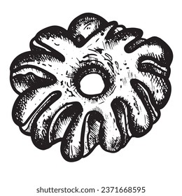 Gourmet. Buns, croissants, a sketch illustration of a sweet cake. Confectionery products. Hand-drawn. A vintage-style engraving for the cafe menu. Collection of desserts and baked goods Eps 10