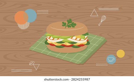 Gourmet burger sandwich prepared on a rustic wooden table with abstract geometric shapes and kitchen utensils in a minimalist style.
