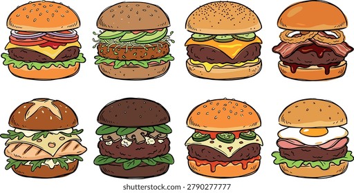 Gourmet burger vector illustration set with cheeseburgers, bacon, fried egg, avocado, chicken, and creative toppings for menus