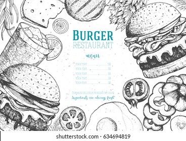 Gourmet Burgers And Ingredients For Burgers Vector Illustration. Fast Food, Junk Food Frame. American Food. Elements For Burgers Restaurant Menu Design. Engraved Style Image.