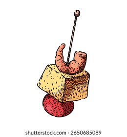 gourmet canape desenhado à mão. salgado bitesized, lanche de festa, base superior gourmet canape esboço vetor. ilustração de cor isolada