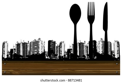 gourmet city with wood banner