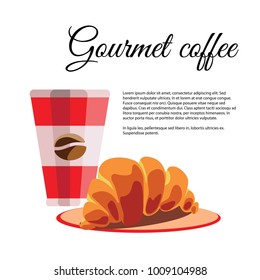 Gourmet coffee. Red glass with coffee and a plate with a croissant on a white background. Isolated illustration for banner and menu. Vector