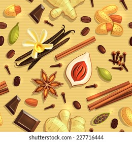 Gourmet Coffee Spices, seamless pattern. Vector illustration, eps10.