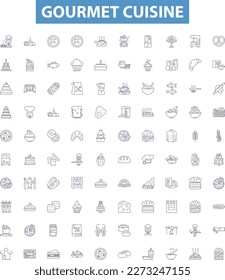 Gourmet cuisine line icons, signs set. Gourmet, cuisine, haute, food, fine, dining, epicurean, French, artisanal outline vector illustrations.