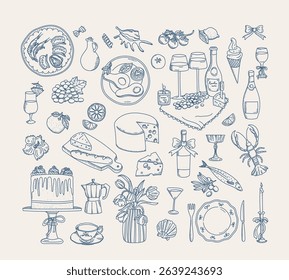 Gourmet delicatessen vector illustration. Food, drink and sweet snacks doodles retro vintage sketches isolated set. Delicious meal dishes, province cuisine, cafe elegant table setting collection