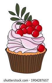 Gourmet desert. Yummy cupcake - cream topping with cranberries. Delicious sweet muffin. Vector illustration