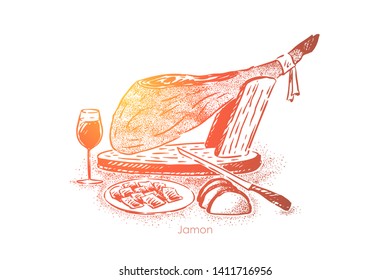 Gourmet dinner, traditional jamon, meat slices on plate with knife and wine, national cuisine, delicious cookery. Dry pork ham, spanish delicacy concept sketch. Hand drawn vector illustration