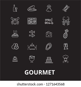 Gourmet editable line icons vector set on black background. Gourmet white outline illustrations, signs, symbols