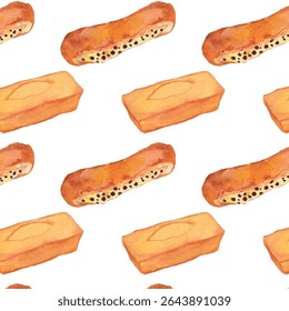 Padrão de aquarela de doces europeus gourmet: Swiss Roll Pain Suisse, Financier Tea Cake. Cozinha comida mão pintado fundo. Estilo acolhedor bonito realista.