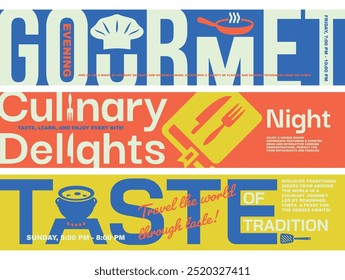 Gourmet evening culinary delights night event banner design template set vector flat illustration. Professional food preparation taste of tradition epicure gastronomy cooking journey