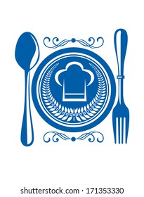 Gourmet food award with a blue plate and cutlery logo decorated with a winners laurel wreath and chefs toque or hat, design illustration