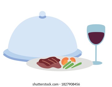 Gourmet food plate and wine glass on white background vector illustration design