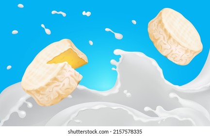 Gourmet French Goat Cheese On Milk Background. Soft Chees In Waves Of Goat Milk Realistic Vector.