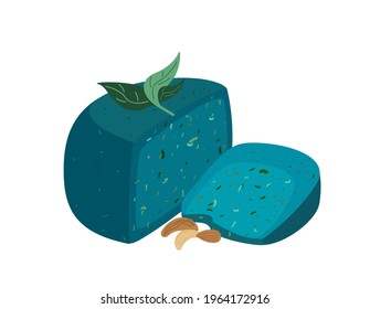Gourmet Holland cheese with Lavender Pesto.Blue Gouda Hard pressed cheese.Piece of delicious Dutch chees with Basil and Nuts.Colored vector illustration of delicatessen food isolated ,white background
