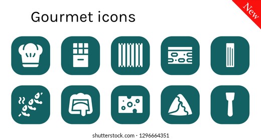  gourmet icon set. 10 filled gourmet icons. Simple modern icons about  - Chef, Chocolate, Churros, Nougat, Shrimp, Cheese, Samosa, Spatula