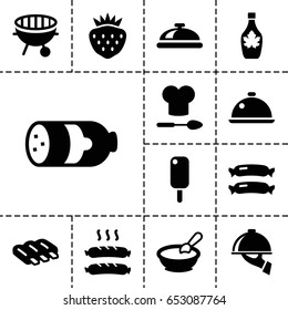 Gourmet icon. set of 13 filled gourmeticons such as sausage, dish, porridge, maple syrup, strawberry, bbq, dish serving, chef hat and spoon