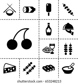 Gourmet icon. set of 13 filled gourmeticons such as sausage, porridge, cherry, maple syrup, pasta and wine glass, kebab, dish serving, asian food, cheese