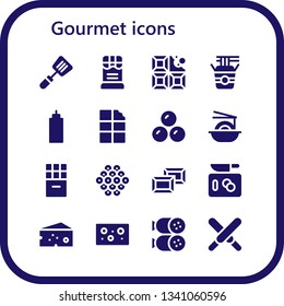 gourmet icon set. 16 filled gourmet icons.  Collection Of - Spatula, Chocolate, Noodles, Sauce, Chocolates, Caviar, Chop, Cheese, Salami