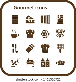 gourmet icon set. 16 filled gourmet icons.  Simple modern icons about  - Chocolate, Cheese, Churros, Chef, Caviar, Lobster, Soup ladle, Grill, Shrimp, Sauces, Salami