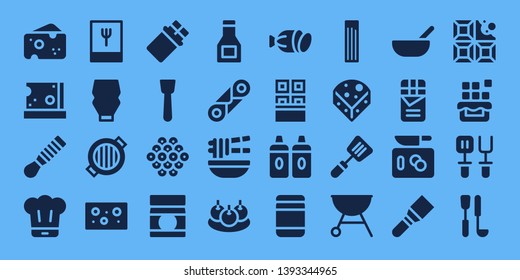 gourmet icon set. 32 filled gourmet icons. on blue background style Simple modern icons about  - Cheese, Spatula, Chef, Foodie, Mayonnaise, Grill, Chocolate, Caviar, Baby food