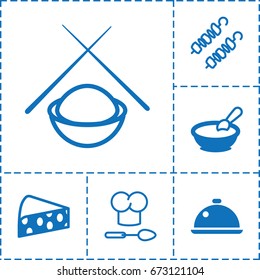 Gourmet icon. set of 6 gourmet filled and outline icons such as porridge, dish, cheese, kebab, chef hat and spoon