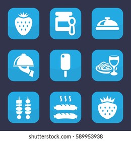 gourmet icon. Set of 9 gourmet filled icons such as dish, baby food, pasta and wine glass, strawberry, sausage, kebab, dish serving
