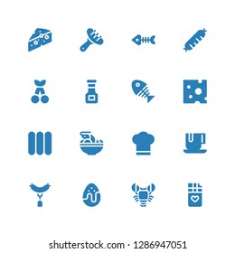 gourmet icon set. Collection of 16 filled gourmet icons included Chocolate bar, Lobster, Chocolate egg, Sausage, Chocolate, Chef hat, Tom yum, Sausages, Cheese, Fish bone, Sauce