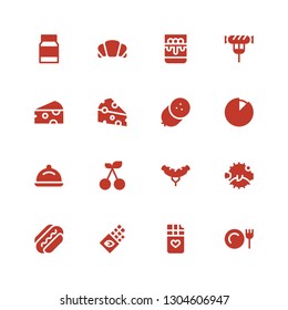 gourmet icon set. Collection of 16 filled gourmet icons included Dinner, Chocolate bar, Chocolate, Sausage, Blowfish, Cherry, Tray, Cheese, Panna cotta, Croissant, Mayonnaise