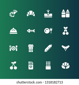 gourmet icon set. Collection of 16 filled gourmet icons included Croissant, Chocolate bar, Cherry, Sausage, Asparagus, Dinner, Fish bones, Tray, Sauces, Tuber, Prawn