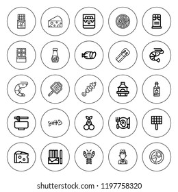 Gourmet icon set. collection of 25 outline gourmet icons with cherry, chocolate, churro, cheese, chef, fish bone, dinner, grill, mayonnaise, lobster icons. editable icons.