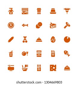gourmet icon set. Collection of 25 filled gourmet icons included Tray, Cheese, Chocolate, Mixed, Noodles, Fish bone, Chocolate bar, Panna cotta, Dinner, Chocolate egg, Serving dish
