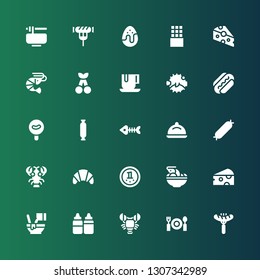 gourmet icon set. Collection of 25 filled gourmet icons included Sausage, Dinner, Lobster, Sauces, Mixed, Cheese, Tom yum, Chocolate, Croissant, Tray, Fish bones, Blowfish, Cherry