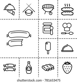Gourmet icons. set of 13 editable outline gourmet icons such as sausage, baby food, ice cream, maple syrup, bbq, dish, dish serving, chef hat and spoon, asian food