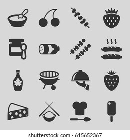 Gourmet icons set. set of 16 gourmet filled icons such as sausage, baby food, porridge, Cherry, maple syrup, kebab, strawberry, bbq, dish serving, chef hat and spoon