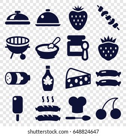 Gourmet icons set. set of 16 gourmet filled icons such as sausage, dish, baby food, porridge, cherry, maple syrup, kebab, strawberry, bbq, chef hat and spoon, cheese